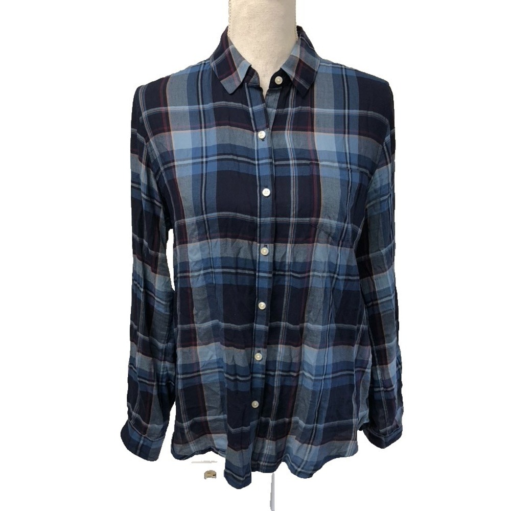 Trovata Birds Of Paradise Button Up Shirt Womens Small Blue Plaid‎ Cottage Cabin